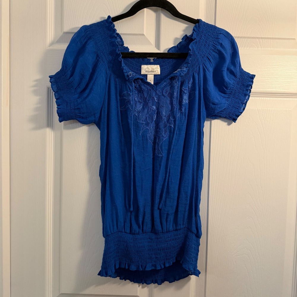 Dressbarn Peasant Top Royal Blue Small Y2K Boho Embroidered‎ Festival Casual